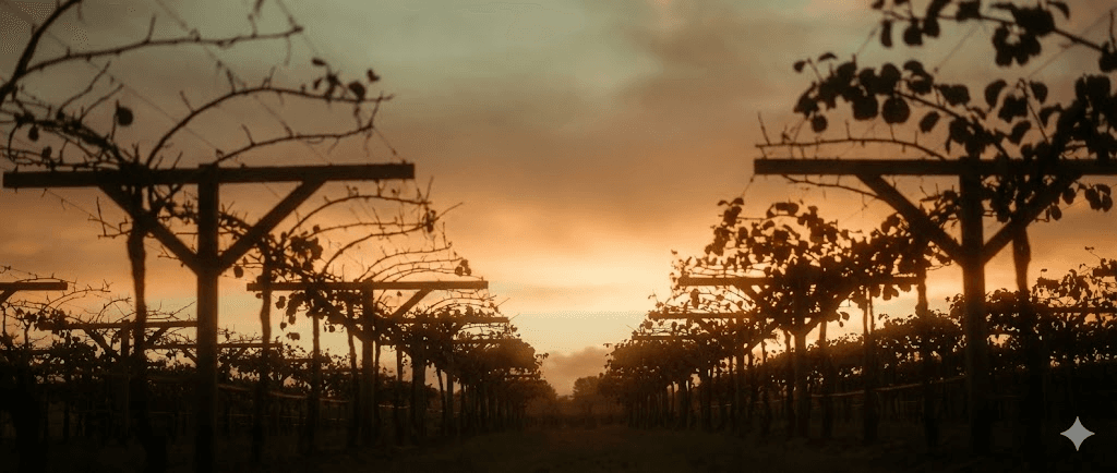 Campos de kiwi al atardecer en Sierra de los Padres